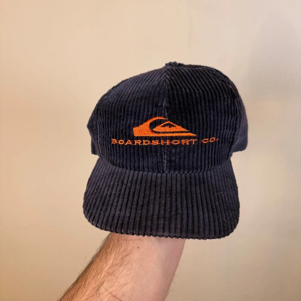 Vintage Quiksilver‎ Boardshort Co Navy Blue Corduroy Snapback Hat Orange Logo